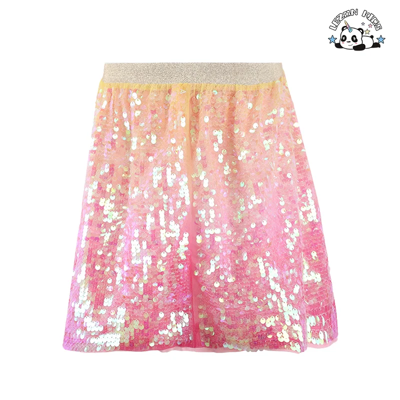 LEZONKIDS - Saia rosa plissada de verão personalizável OEM com lantejoulas brilhantes Saia curta fofa para meninas de 2 a 14 anos